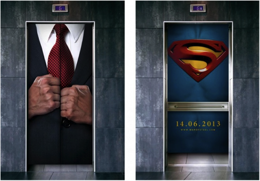 Superman opening lift door